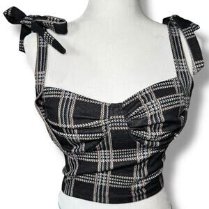 Plaid Tie Strap Cropped Top XL Y2K Grunge Goth Sweetheart Ruched Retro Summer